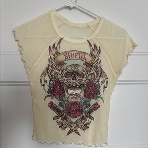 Sinful Beige Skull and Roses Tee